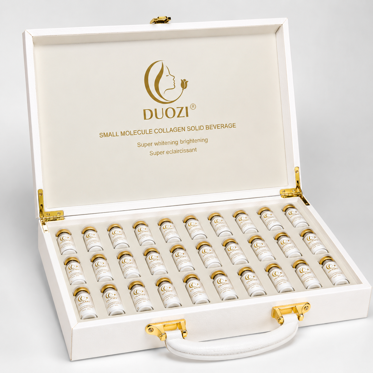 DUOZI Small Molecule Collagen Solid Drink 30-bottle presentation box in clean studio photography