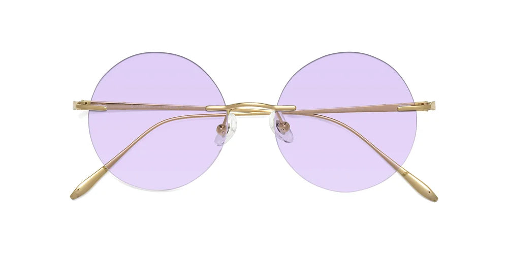 GOLD RETRO-VINTAGE ROUND RIMLESS TINTED SUNGLASSES WITH LIGHT PURPLE SUNWEAR LENSES